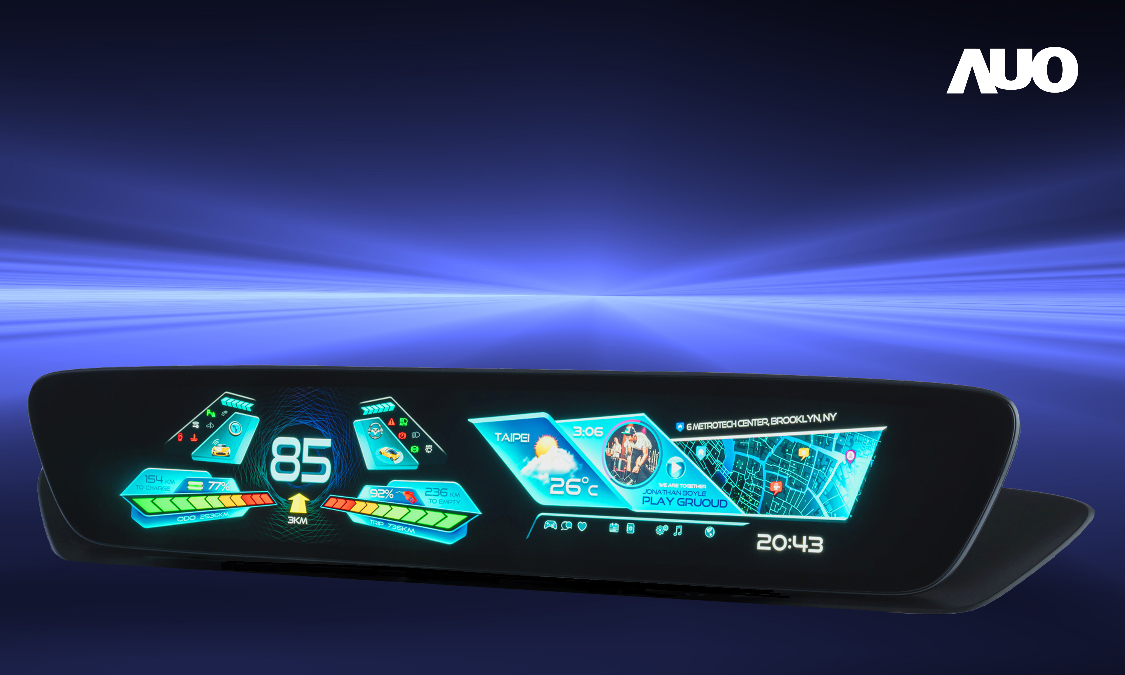 米蘭體育30.4吋異形曲面AmLED車載顯示系統，為一兼具儀表板及中控台人機介面的創新車載顯示系統，結合美學設計，提升車內科技沉浸感及使用體驗，讓車載顯示的未來應用更加多元化