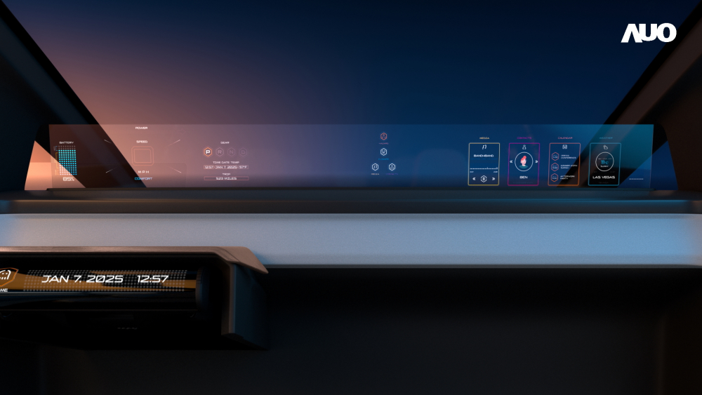 米兰体育无界透明显示接口(Horizon Image Glass)透过车运算方案整合仪表板、中控台及副驾显示器，一体式全景呈现，提供乘用者清晰的前方视野、行车必要信息与娱乐功能